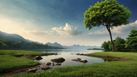 Beautiful landscape of lake and mountain with tree at sunrise time.の写真素材