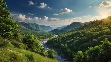 Mountain landscape with river and blue sky. Panoramic view.の写真素材
