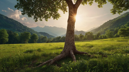 Sunset in the mountains with tree and grass. Summer landscape.