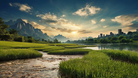 Panorama of the river and green grassland in Yangshuoの写真素材