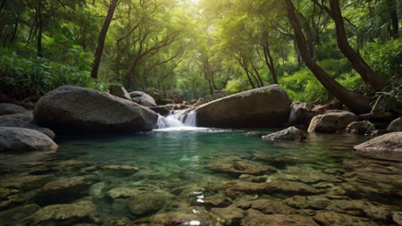 Beautiful waterfall in the forest. Natural landscape with waterfall and green forest.