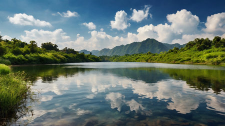 Landscape view of lake and mountains with reflection in the water.の写真素材