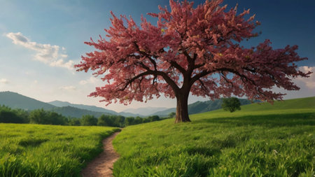 Beautiful spring landscape with cherry blossom tree. 3d renderingの写真素材