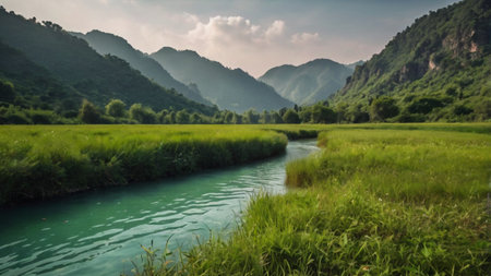 Mountain landscape with river and meadow under blue sky in summer