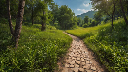 Landscape with a path through the meadow in the mountains.