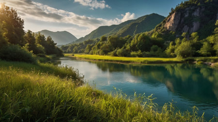 Panoramic view of the river in the mountains. Summer landscape.の写真素材