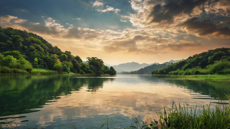 Landscape with lake and mountains at sunset. Beautiful nature background.