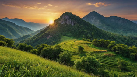Panoramic view of rice terraces in the mountains at sunsetの写真素材