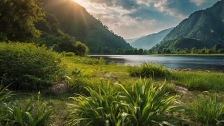 Panoramic view of the lake in the mountains at sunset.の写真素材