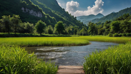 Rice field and wooden bridge in the mountains with blue sky.の写真素材