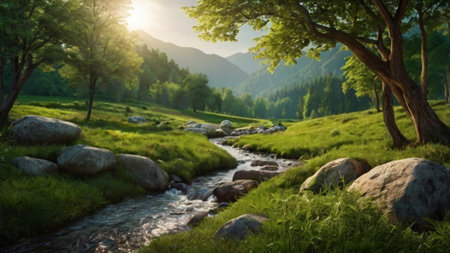 Beautiful summer landscape with a mountain river and green grass in the foreground
