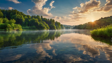 Foggy morning on the lake. Beautiful summer landscape. Panoramaの写真素材