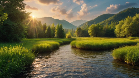 Sunset on the mountain river. Beautiful summer landscape with a river.の写真素材