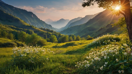 Mountain meadow at sunset. Panoramic view of mountains and forestの写真素材