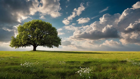 Lonely tree on a green meadow under blue sky with cloudsの写真素材