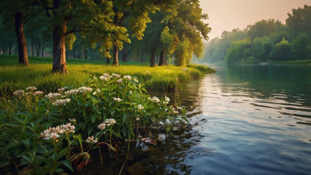 Landscape with river and trees in the morning. Beautiful summer landscape.
