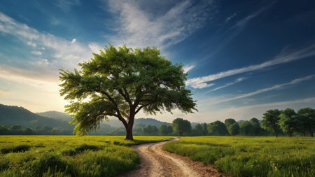 Lonely tree in the meadow. Beautiful summer landscape.の写真素材