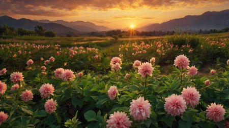Dahlia flower in the garden at sunset with mountain background.の写真素材