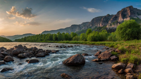 Panorama of mountain river at sunset with rocks and sky with cloudsの写真素材