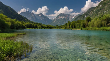 Panoramic view of a mountain lake with green grass and blue skyの写真素材