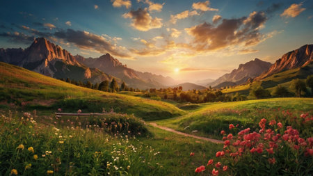 Sunset in the Dolomites. Panoramic view.の写真素材