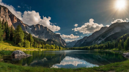 Panoramic view of the lake in Dolomites, Italyの写真素材