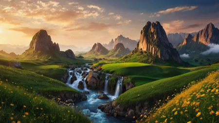 Beautiful summer landscape with a waterfall and meadow in the foregroundの写真素材