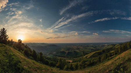 Panoramic view of the sunset in the Carpathian mountainsの写真素材