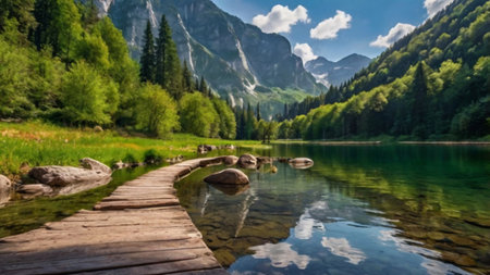Beautiful mountain lake in the Alps. Reflection in water.の写真素材