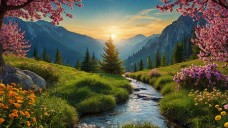 Beautiful spring landscape with blooming meadow and mountain river.の写真素材