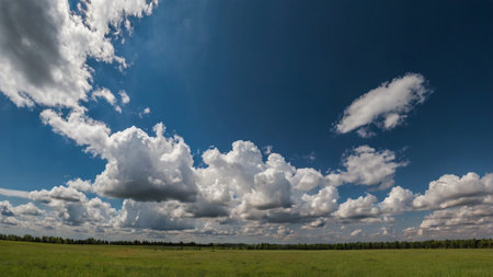 Summer landscape with green field and blue sky with white cumulus clouds