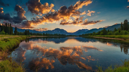 Sunset over the river in Grand Teton National Park, Wyomingの写真素材