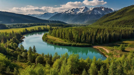 Panoramic view of the mountain lake in the Altai mountainsの写真素材