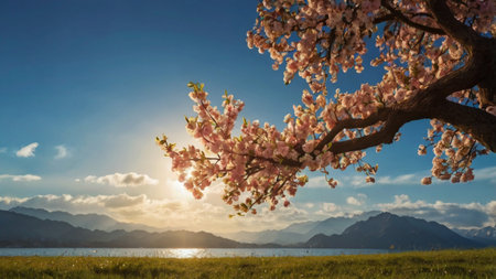 Beautiful blooming sakura tree on the background of lake and mountainsの写真素材