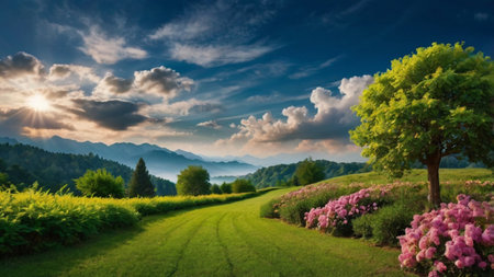 Beautiful summer landscape with blooming meadow and mountain range.の写真素材