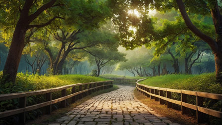 Walking path in the green forest with morning sunlight. Panoramic view.の写真素材