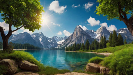 Fantastic panoramic view of the lake and mountains.の写真素材