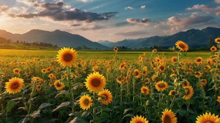 Sunflower field at sunset in Lopburi province, Thailand.の写真素材