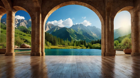 Mountain landscape with lake and arches in the foreground. 3d renderingの写真素材