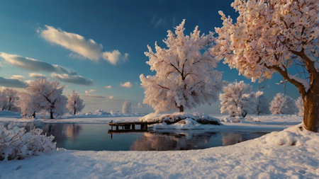 Beautiful winter landscape with snow covered trees on the shore of the riverの写真素材