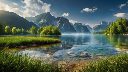 Idyllic summer landscape with alpine lake and mountains in backgroundの写真素材
