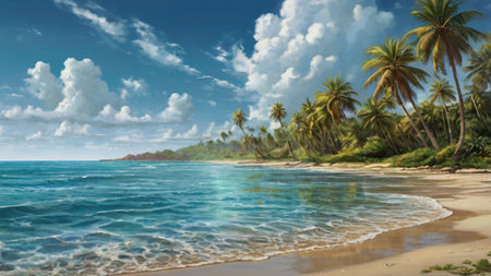 Tropical beach with palm trees. Seascape background.の写真素材