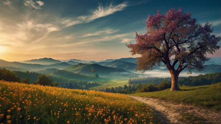 Beautiful spring landscape with lonely tree in the mountains at sunset.の写真素材