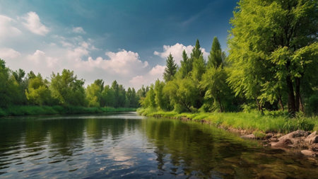 Beautiful summer landscape with river and green forest. Panorama.の写真素材