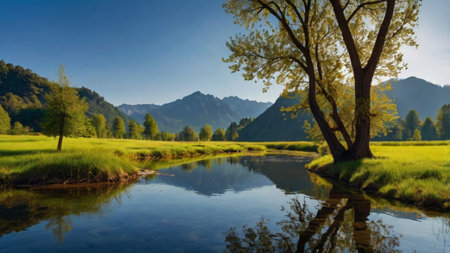 Panoramic view of the lake and mountains in Bavaria, Germanyの写真素材