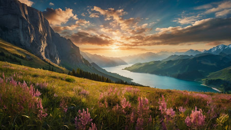 Beautiful summer landscape with lake and mountains at sunset. Panoramaの写真素材