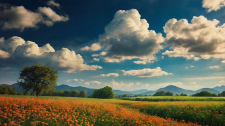 Beautiful meadow with orange poppies and blue sky with cloudsの写真素材