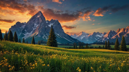 Mountain landscape with meadow and wildflowers at sunset.の写真素材