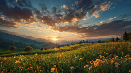 Sunset in the mountains. Panoramic view of a green meadow with flowers.の写真素材