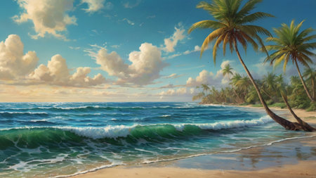 Beautiful seascape with palm trees and waves. 3d renderingの写真素材